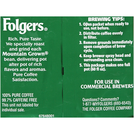 Folgers Folgers Decaffeinated Classic Roast Coffee Fraction 1.09 oz., PK92 2550006216